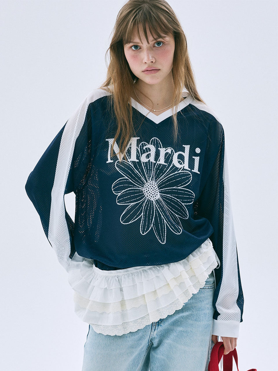 Mardi Mercredi - Mesh Jersey Top Long Sleeve Flowermardi (Navy White) product image 1 | TRAB K-Fashion Australia
