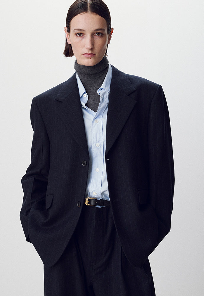 Tonywack - Virgin Wool Double-Pleats Wide Trousers (Navy Pinstripe) product image 5 | TRAB K-Fashion Australia