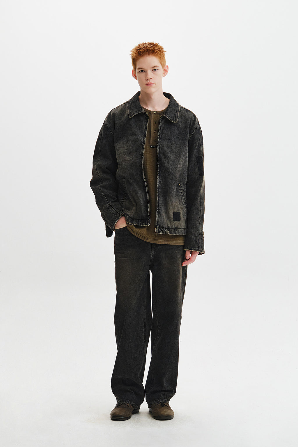 Matin Kim - Washed Rib Denim Zip Up Jumper (Dark Grey) product image 11 | TRAB K-Fashion Australia