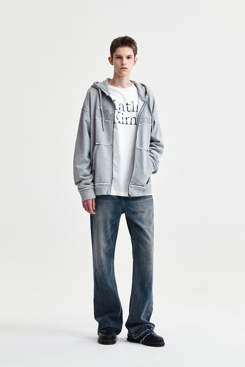 Matin Kim - Raw Cut Applique Hoody Zip Up (Grey) product image 13 | TRAB K-Fashion Australia