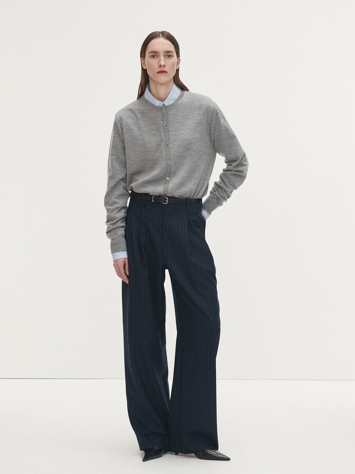 Tonywack - Striped Wool Double-Pleats Wide Trousers (Navy Pinstripe) product image 5 | TRAB K-Fashion Australia