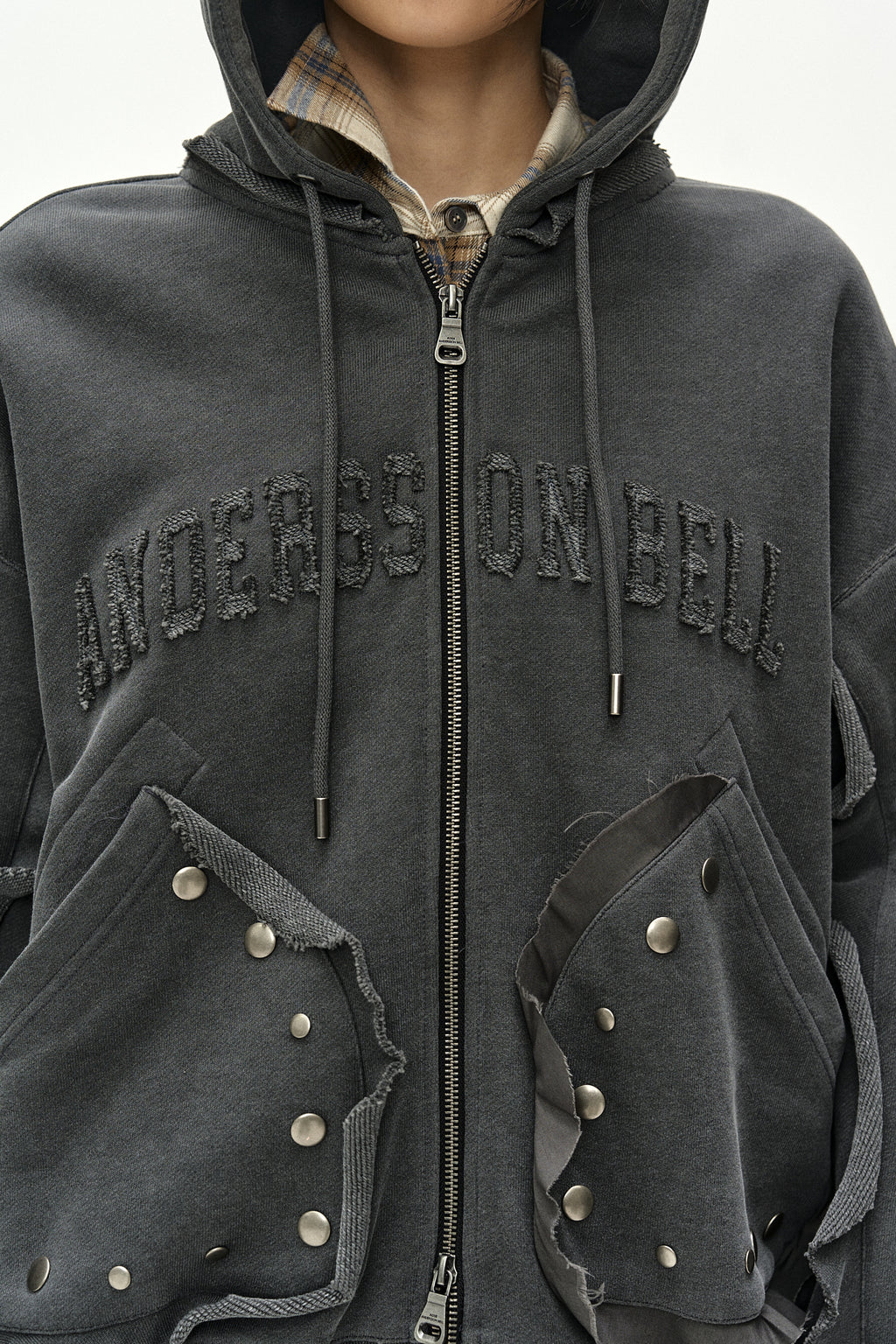 Andersson Bell - Raw-Cut Studded Zip-Up Hoodie (charcoal) (Charcoal) product image 6 | TRAB K-Fashion Australia