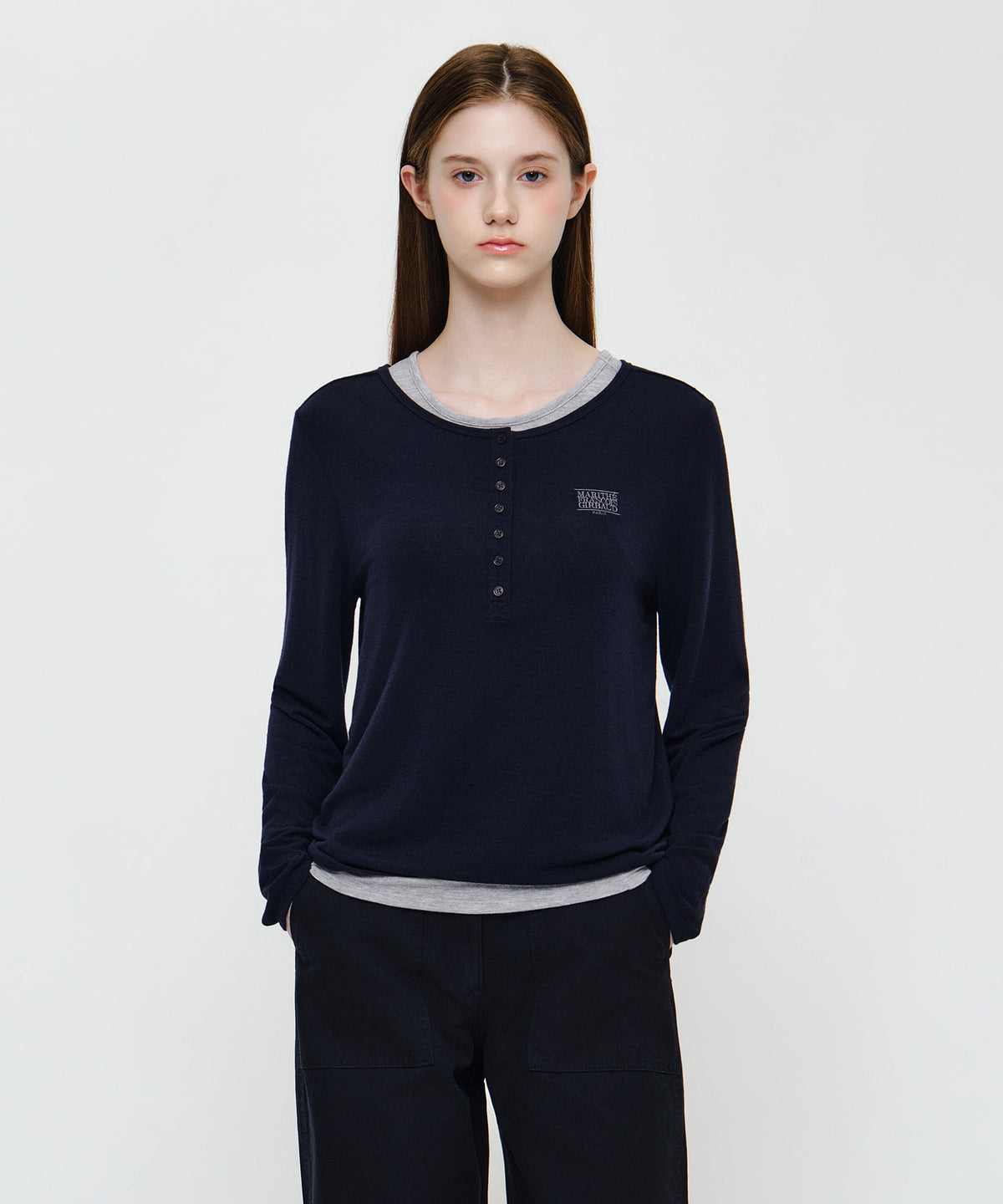 Marithe & Francois Girbaud - Henley Neck Layered Long Sleeve Tee (Navy) product image 1 | TRAB K-Fashion Australia