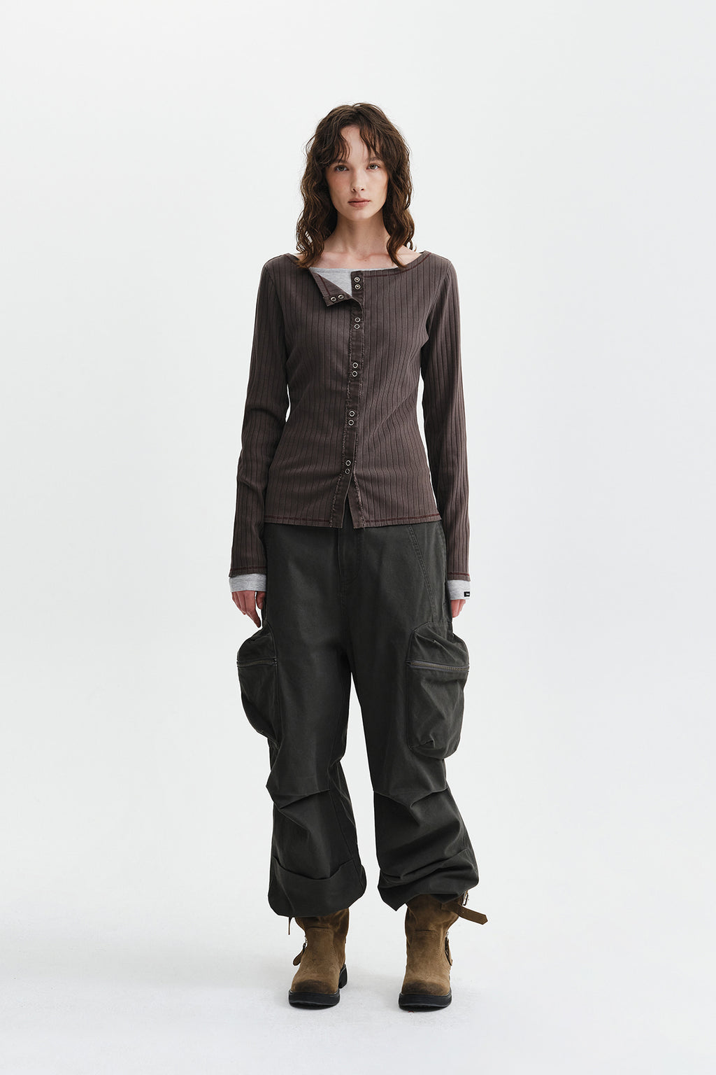 Matin Kim - Vintage Washed Ribbed Snap Top (Brown) product image 10 | TRAB K-Fashion Australia