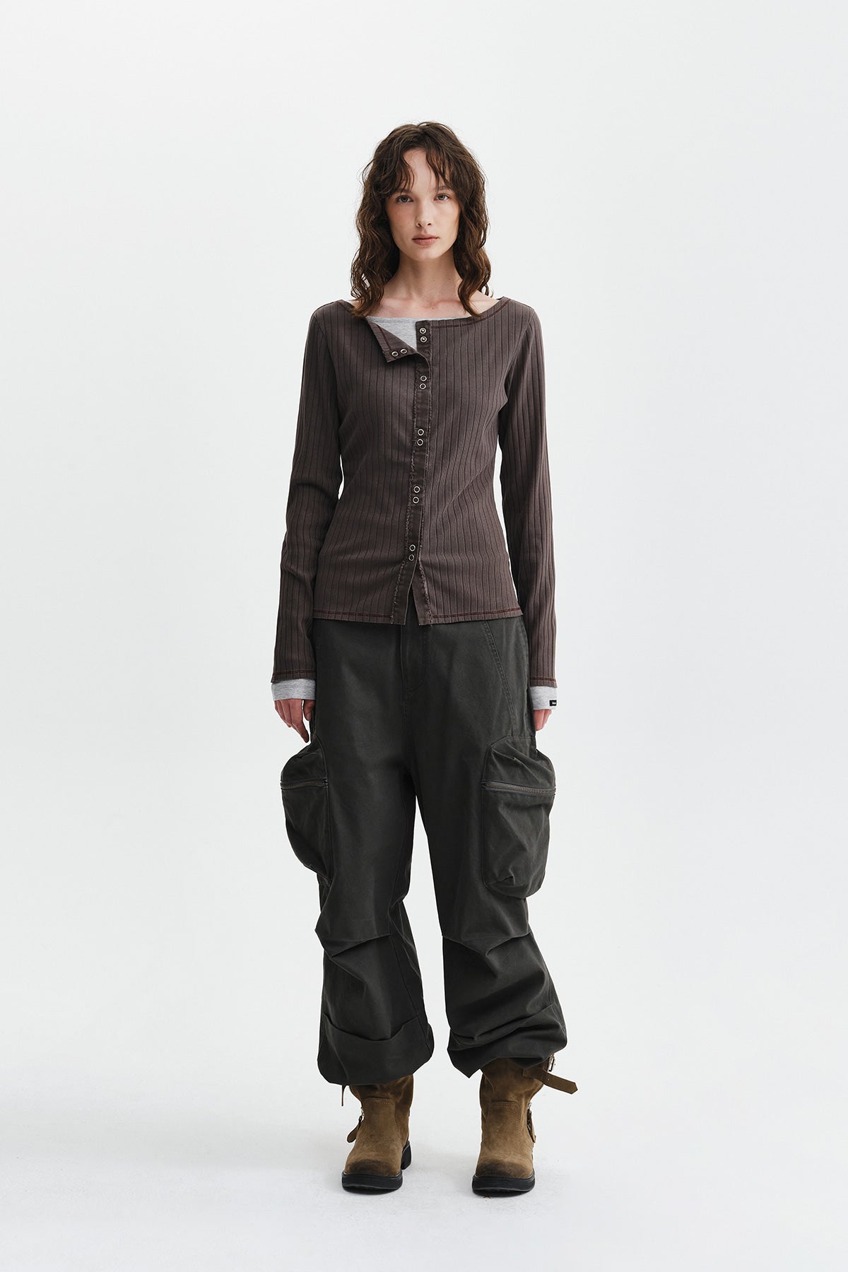Matin Kim - Vintage Washed Ribbed Snap Top (Brown) product image 10 | TRAB K-Fashion Australia