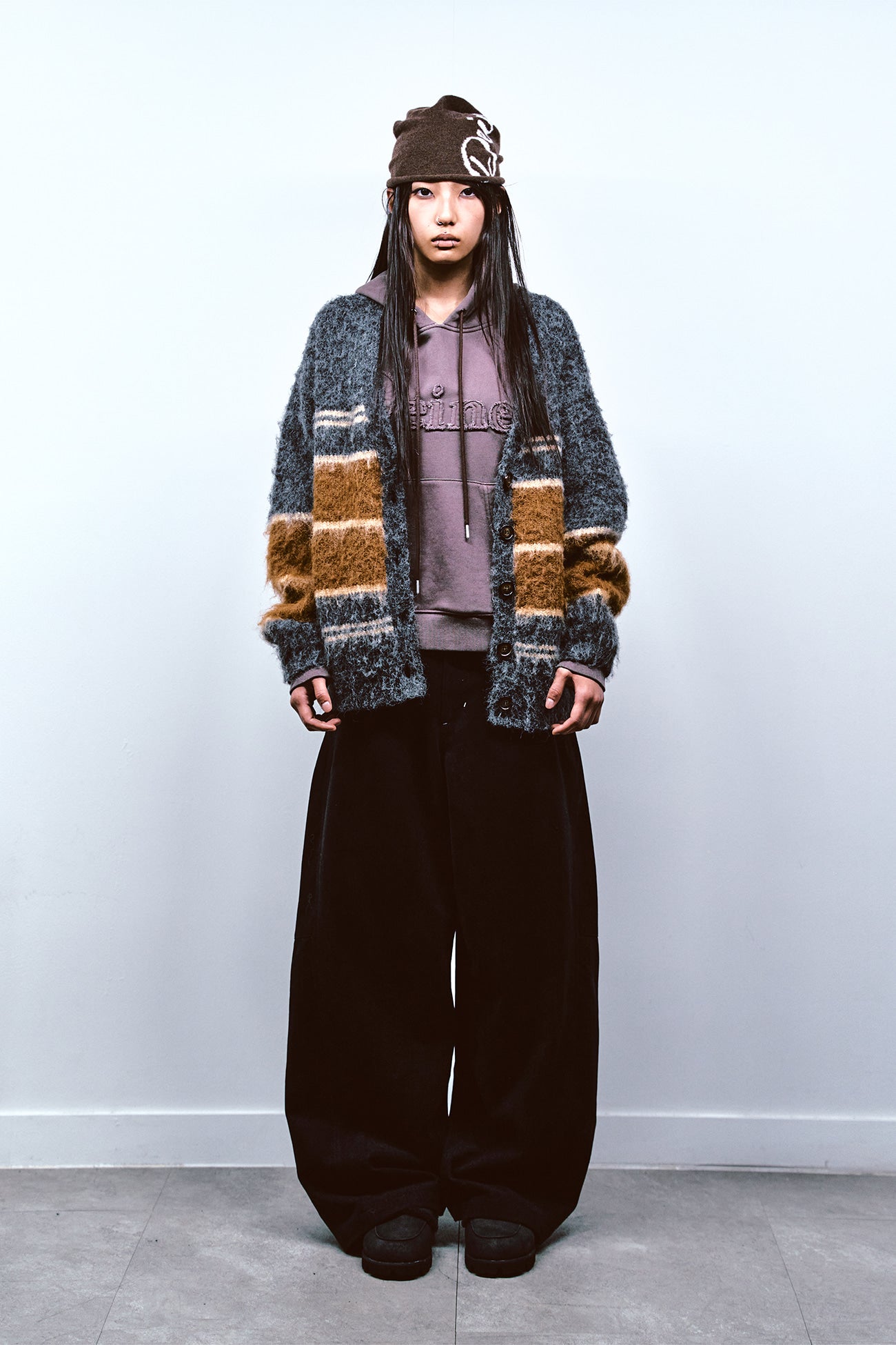 Deinet - Wool Blended Stripe Knit Cardigan (Grey) product image 1 | TRAB K-Fashion Australia
