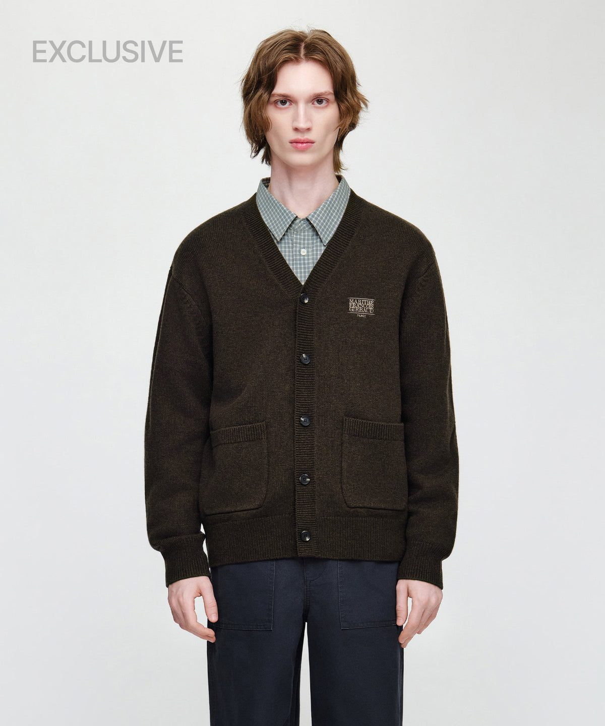 Marithe & Francois Girbaud - Premium Small Classic Logo Cashmere V-neck Cardigan (Brown) product image 1 | TRAB K-Fashion Australia