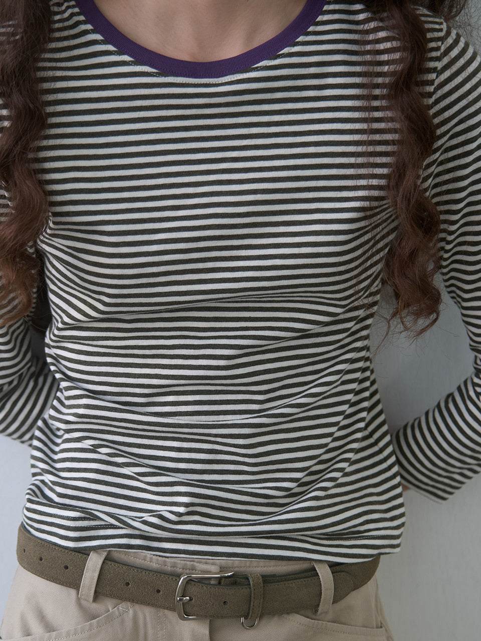 Kijun - Stripe Mid Sleeve Tee (Khaki) product image 3 | TRAB K-Fashion Australia