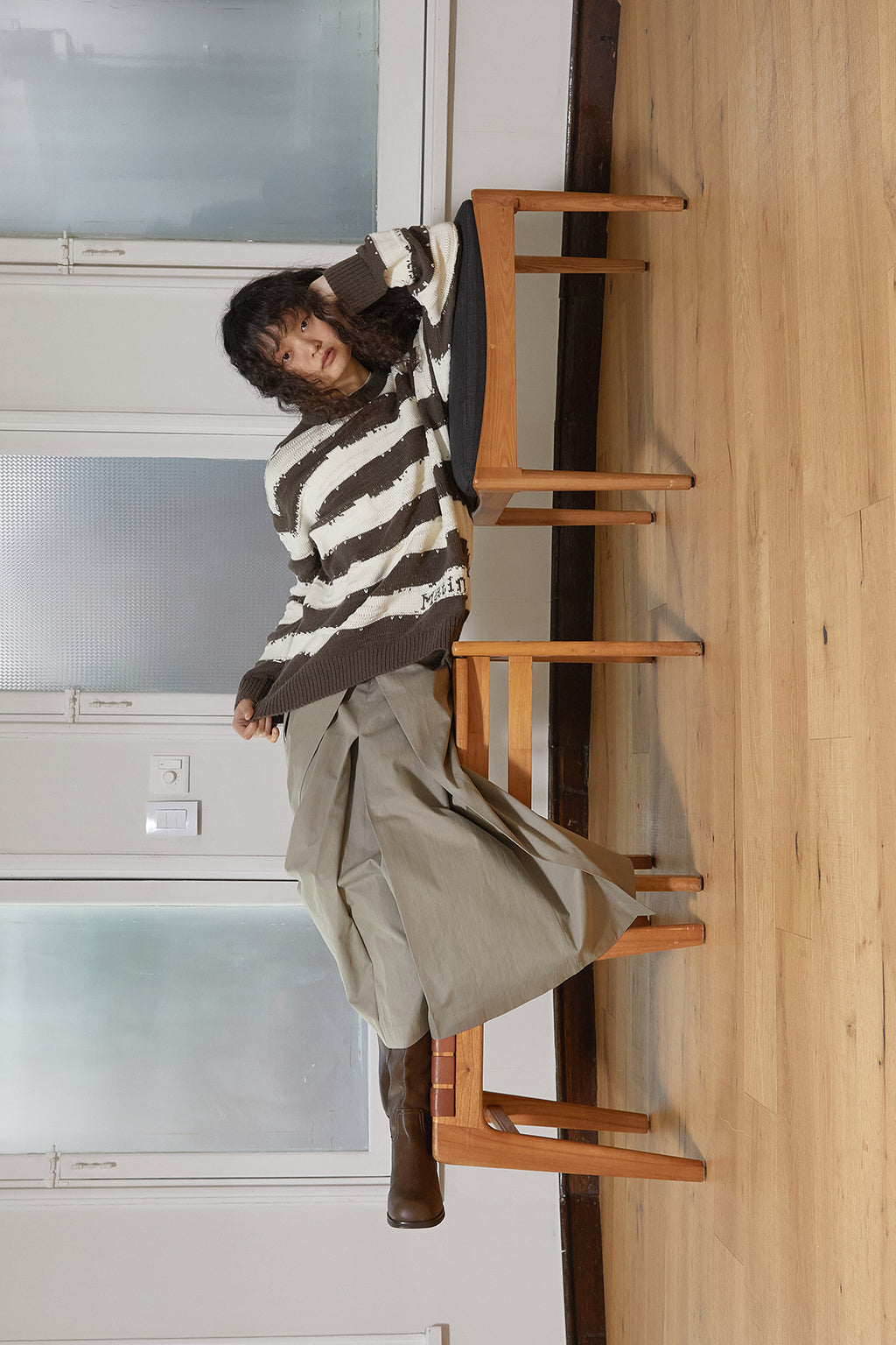 Matin Kim - Stripe Vintage Loose Pullover (Khaki Brown) product image 10 | TRAB K-Fashion Australia