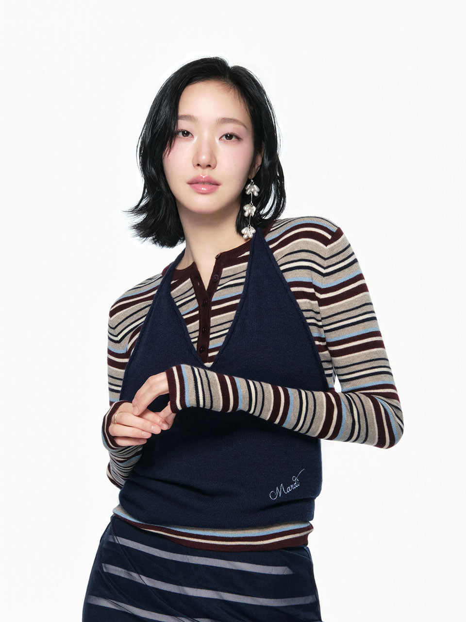 Mardi Mercredi - Slim Henley Knit Top Multi Stripe (Beige) product image 1 | TRAB K-Fashion Australia