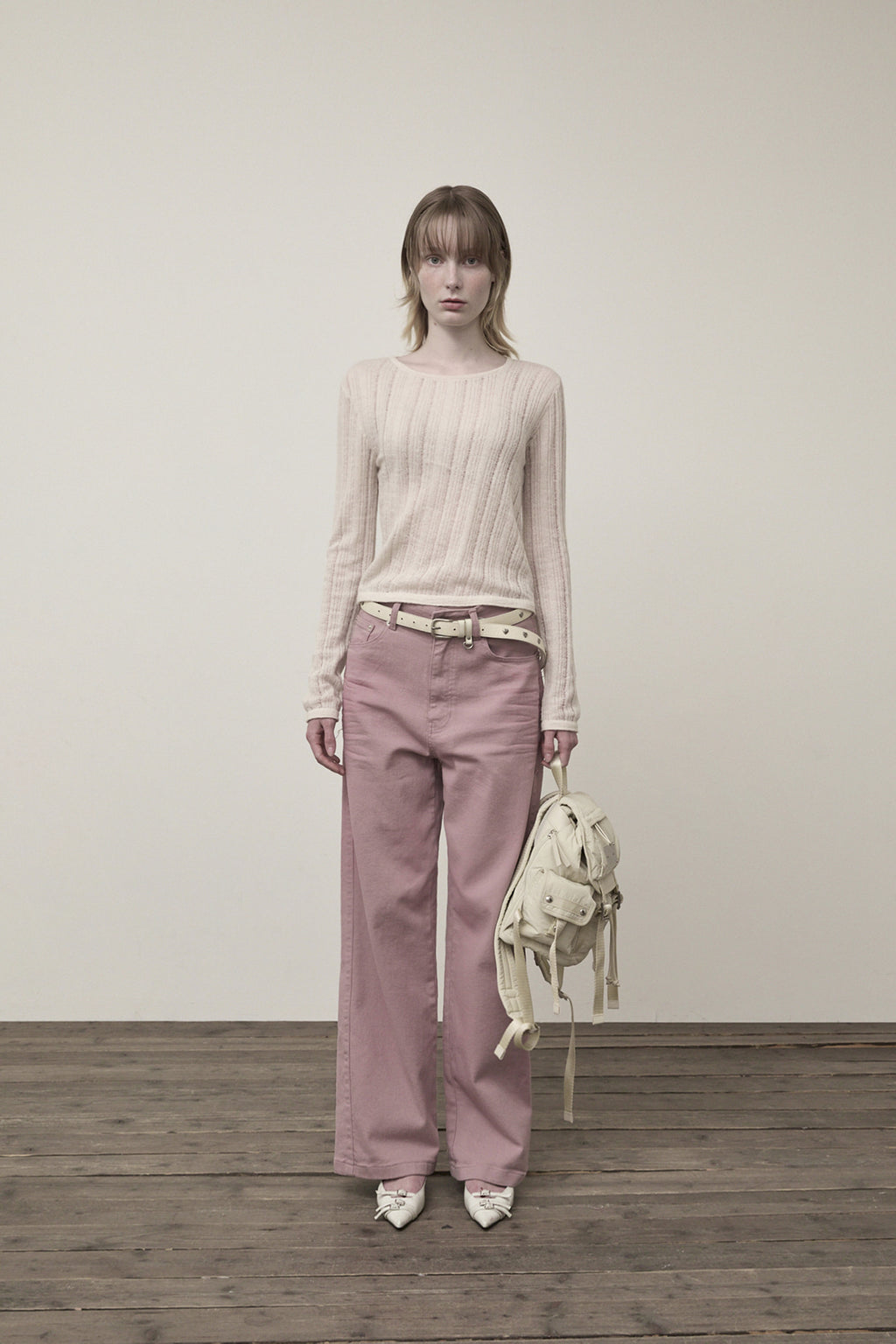 Matin Kim - Diagonal Texture Knit Top (Light Beige) product image 5 | TRAB K-Fashion Australia