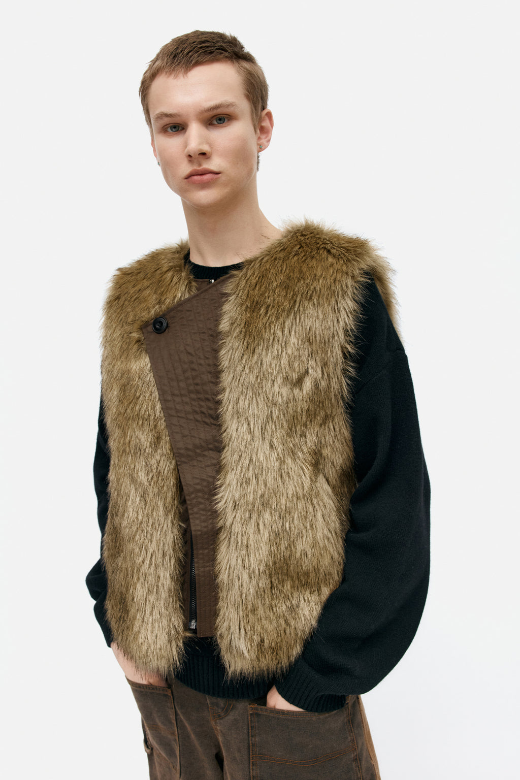 Andersson Bell - Unisex Curved Placket Reversible Faux-Fur Vest (Brown) product image 11 | TRAB K-Fashion Australia