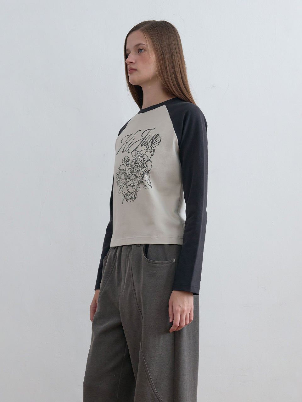 Kijun - Rose Raglan Tee (Charcoal) product image 1 | TRAB K-Fashion Australia
