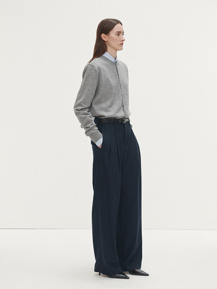 Tonywack - Striped Wool Double-Pleats Wide Trousers (Navy Pinstripe) product image 6 | TRAB K-Fashion Australia