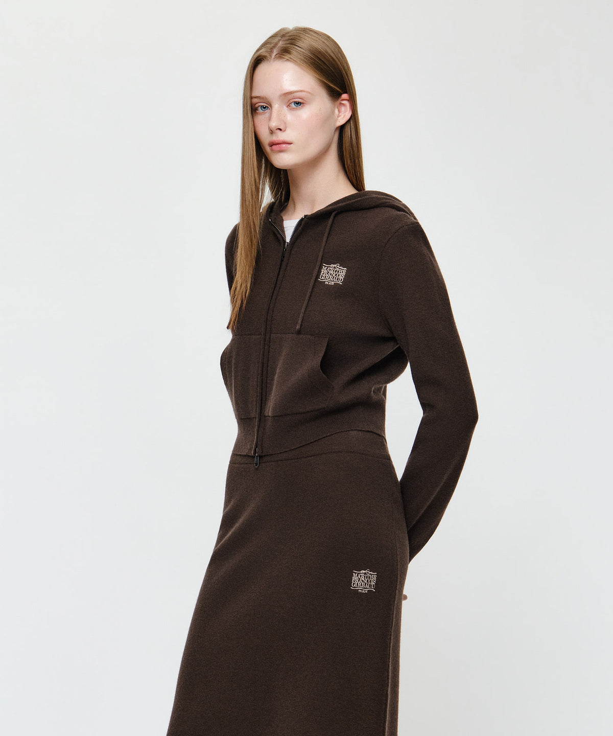 Marithe & Francois Girbaud - Ribbon Classic Logo Crop Knit Hoodie Zipup (Brown) product image 2 | TRAB K-Fashion Australia
