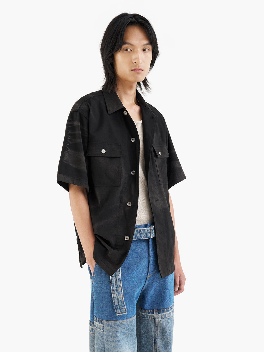 Jiyong Kim - Sun-Bleached Tailored Collar Half Sleeve Shirt (Black) product image 2 | TRAB K-Fashion Australia