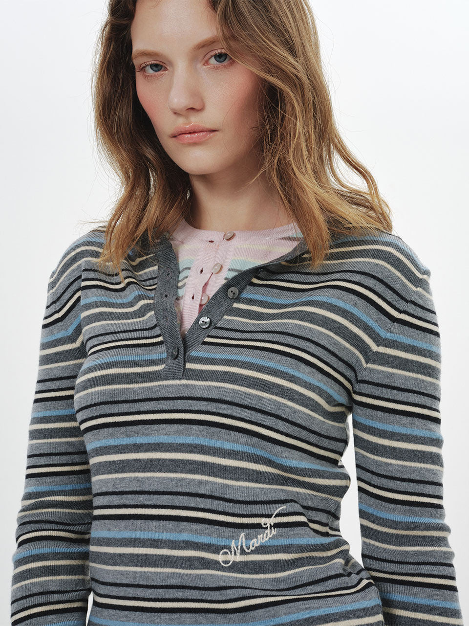 Mardi Mercredi - Slim Henley Knit Top Multi Stripe (Grey) product image 1 | TRAB K-Fashion Australia