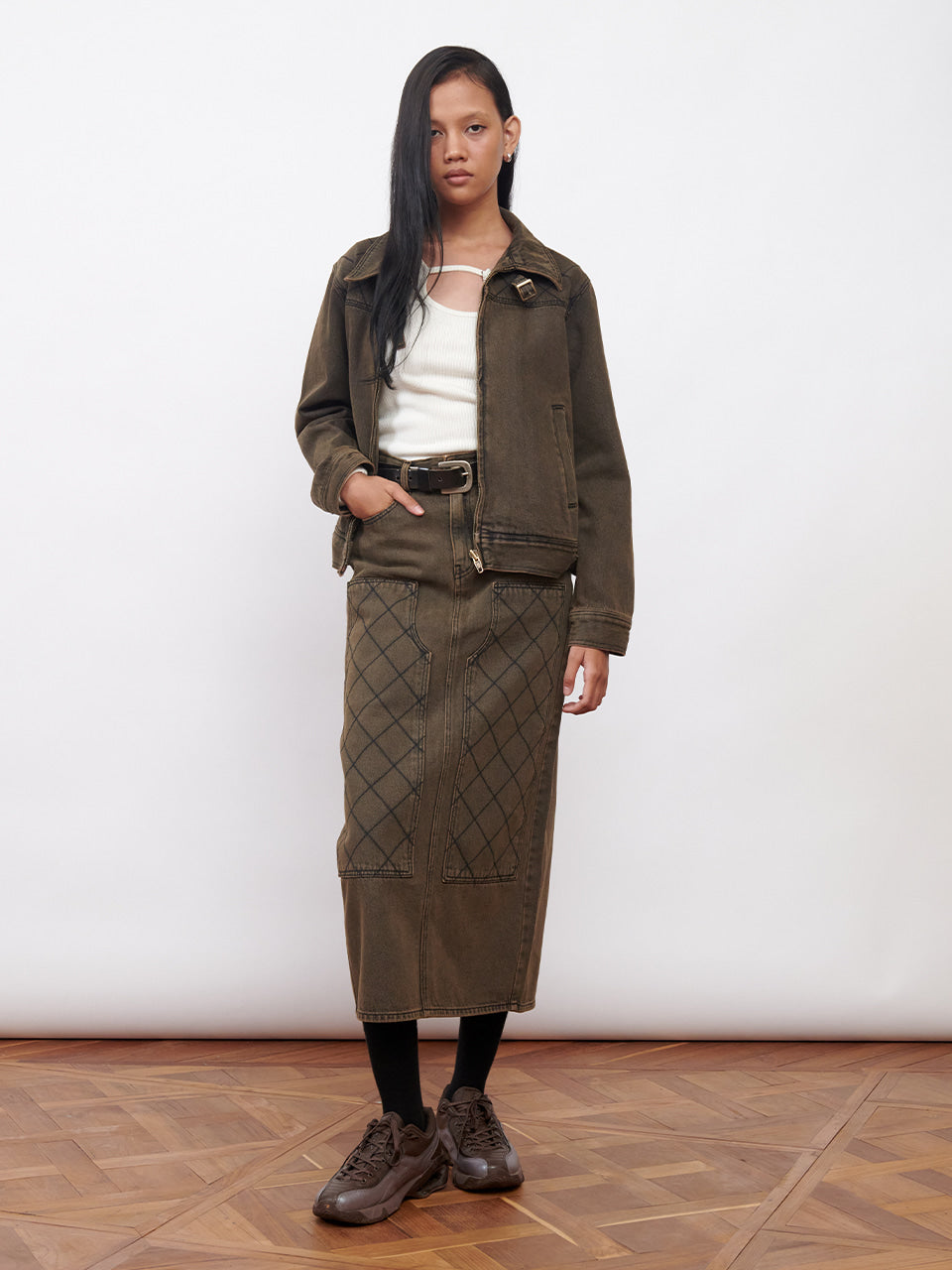 Kijun - Stitched Denim Jacket (Charcoal Brown) product image 6 | TRAB K-Fashion Australia