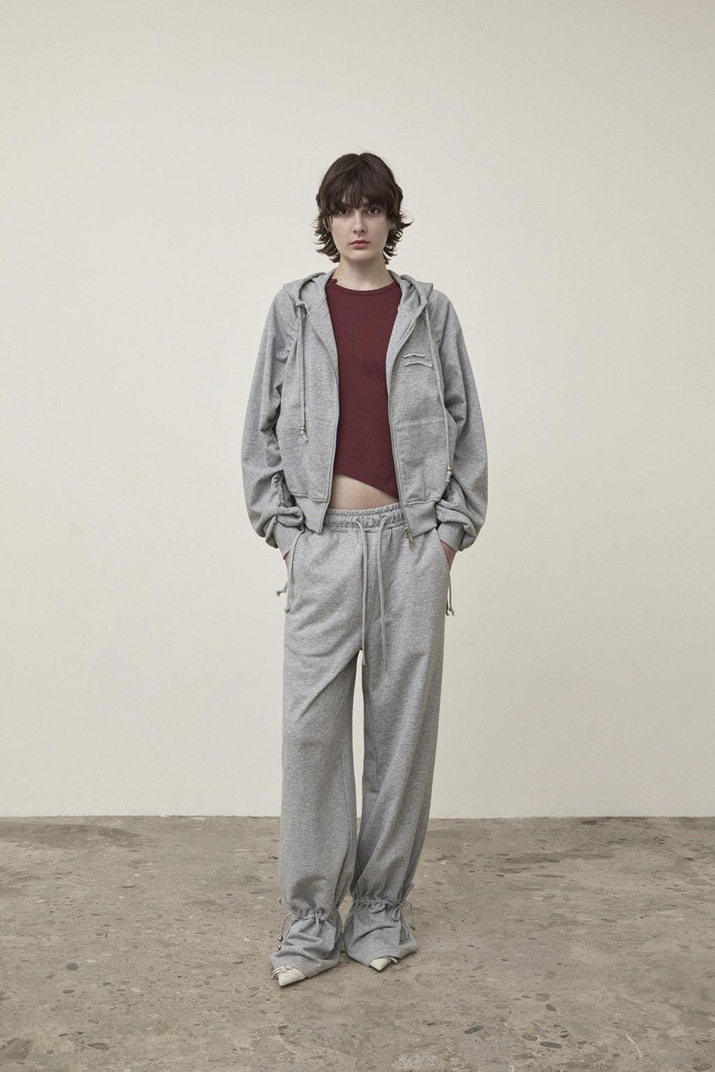 Matin Kim - Sleeve String Detail Hoody Zip Up (Grey) product image 12 | TRAB K-Fashion Australia