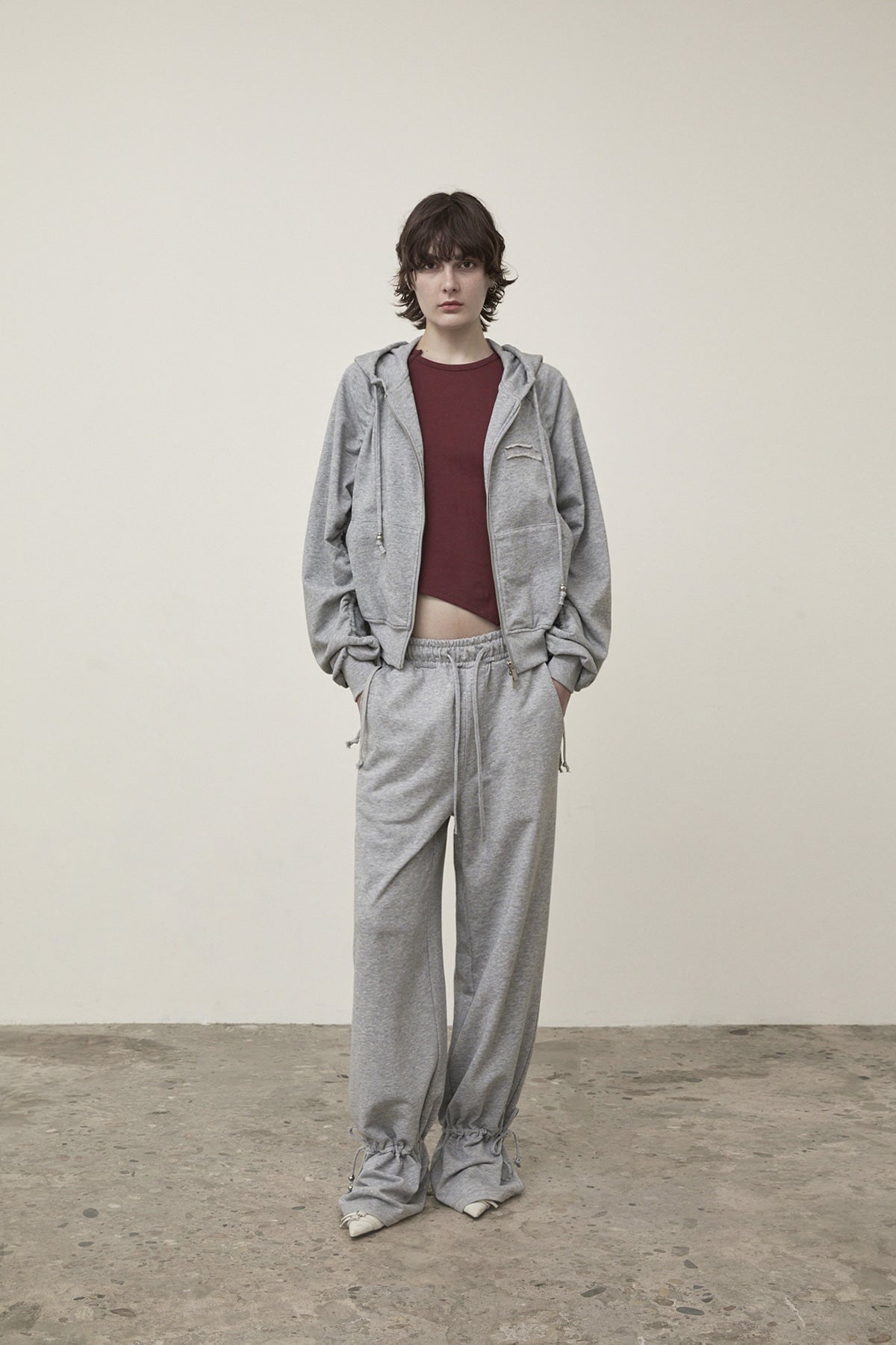 Matin Kim - Sleeve String Detail Hoody Zip Up (Grey) product image 12 | TRAB K-Fashion Australia