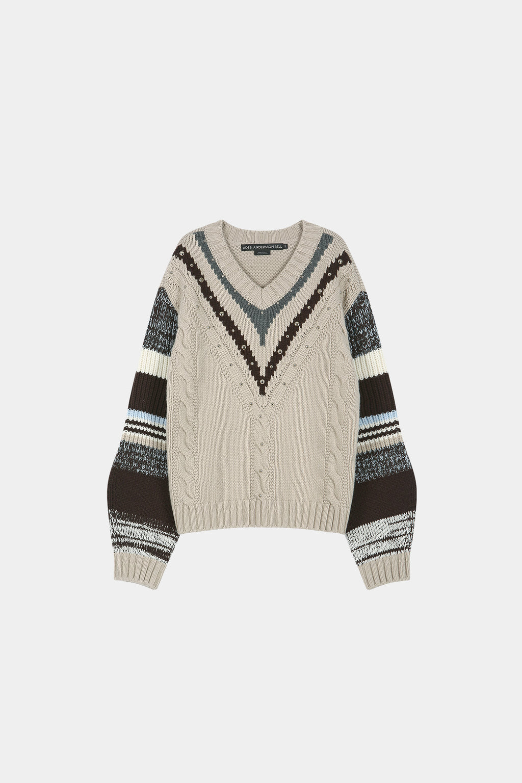 Andersson Bell - Studded Cable V-Neck Multi-Stripe Pullover (Ecru) product image 7 | TRAB K-Fashion Australia