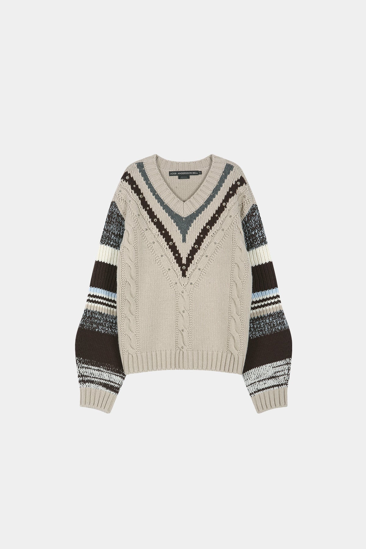 Andersson Bell - Studded Cable V-Neck Multi-Stripe Pullover (Ecru) product image 7 | TRAB K-Fashion Australia