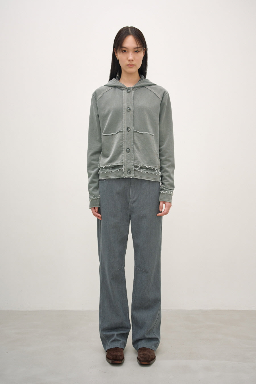 Insilence - Cutoff Washed Button Hoodie (Ash Khaki) product image 3 | TRAB K-Fashion Australia