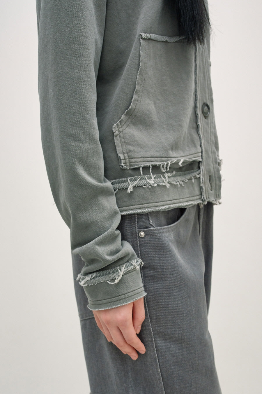 Insilence - Cutoff Washed Button Hoodie (Ash Khaki) product image 4 | TRAB K-Fashion Australia