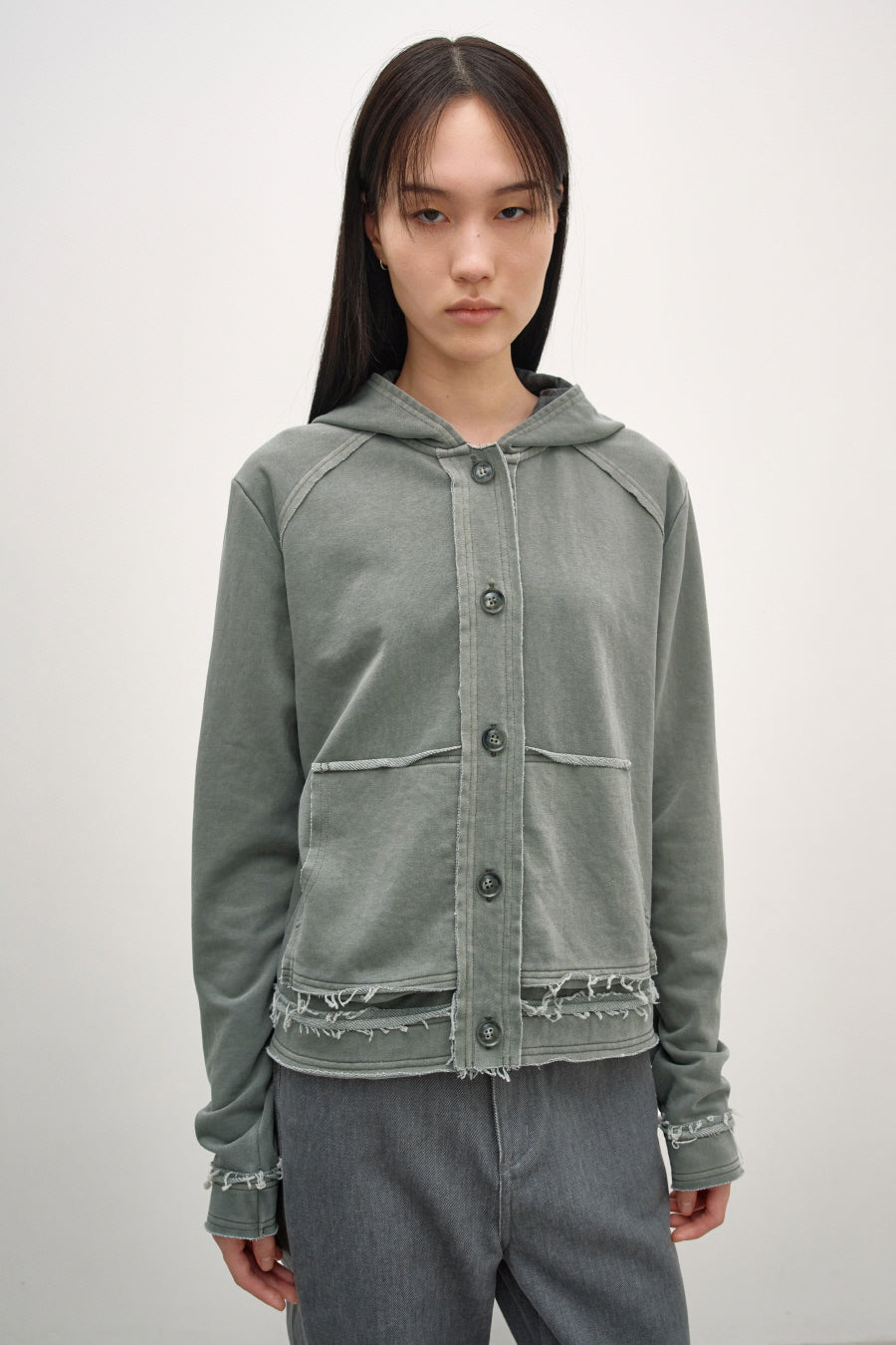 Insilence - Cutoff Washed Button Hoodie (Ash Khaki) product image 1 | TRAB K-Fashion Australia