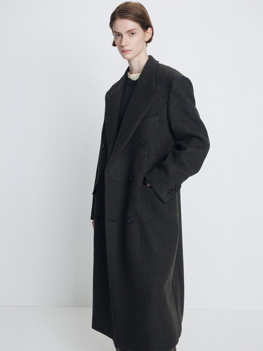Tonywack - Herringbone Wool Double-Breasted Coat (Moss Brown) product image 4 | TRAB K-Fashion Australia