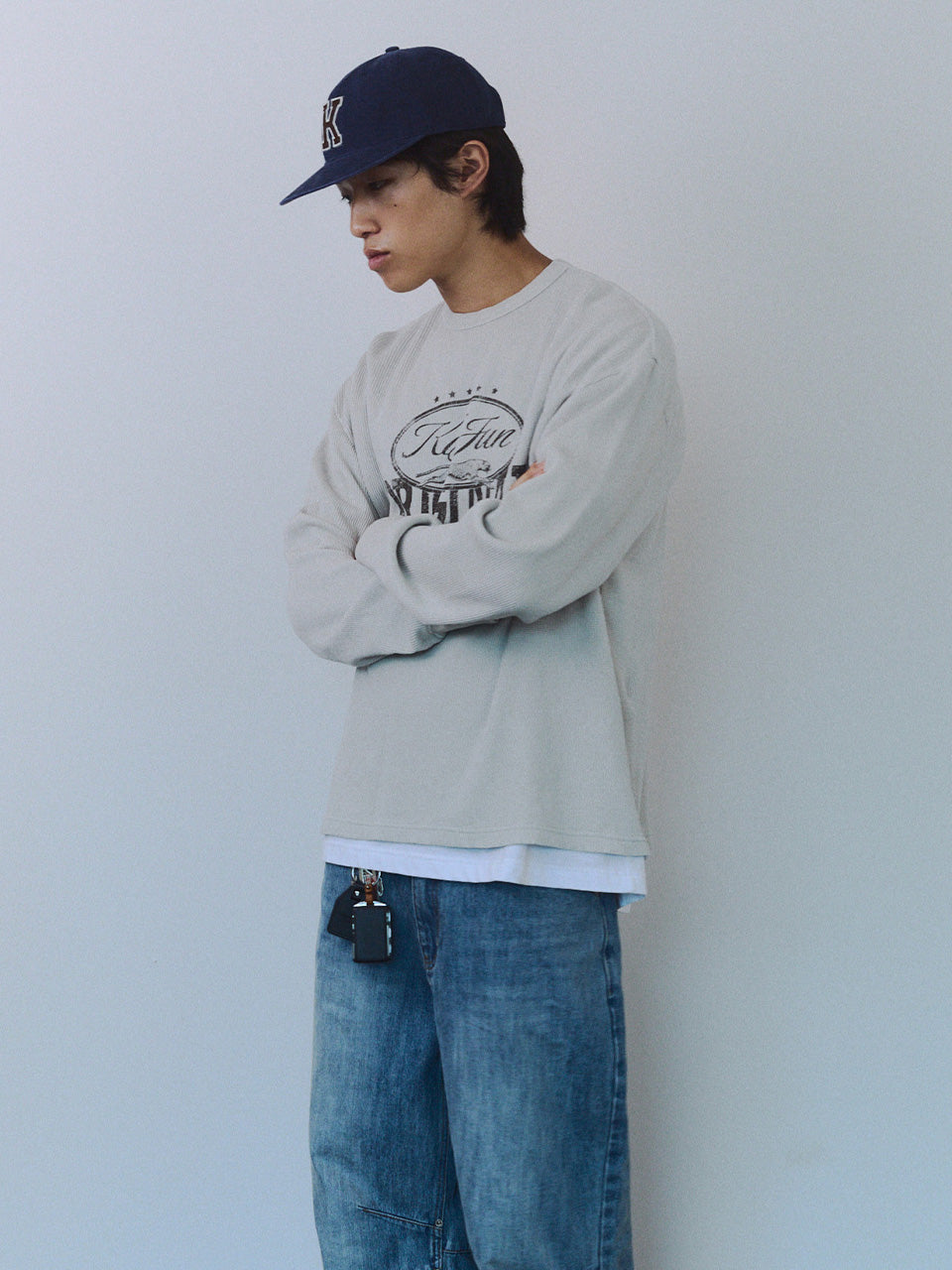 Kijun - Original Logo Waffle Long Sleeve Tee (Light Grey) product image 1 | TRAB K-Fashion Australia