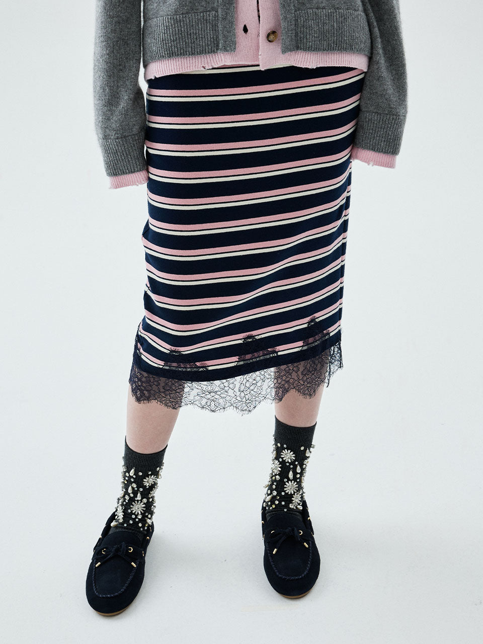 Mardi Mercredi - Lace Hem Maxi Skirt Stripe (Pink) product image 1 | TRAB K-Fashion Australia