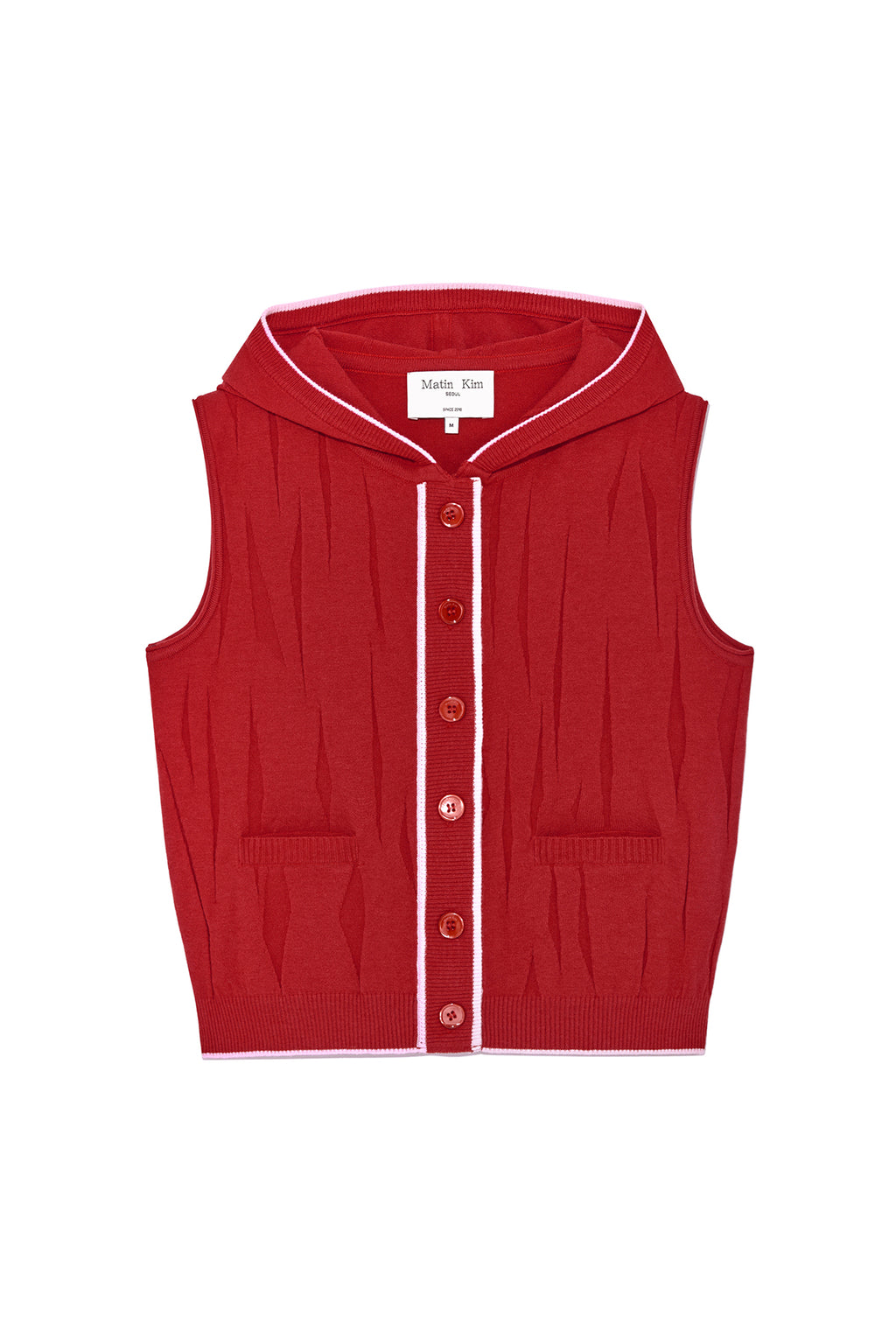 Matin Kim - Wrinkle Hoody Button Knit Vest (Red) product image 1 | TRAB K-Fashion Australia