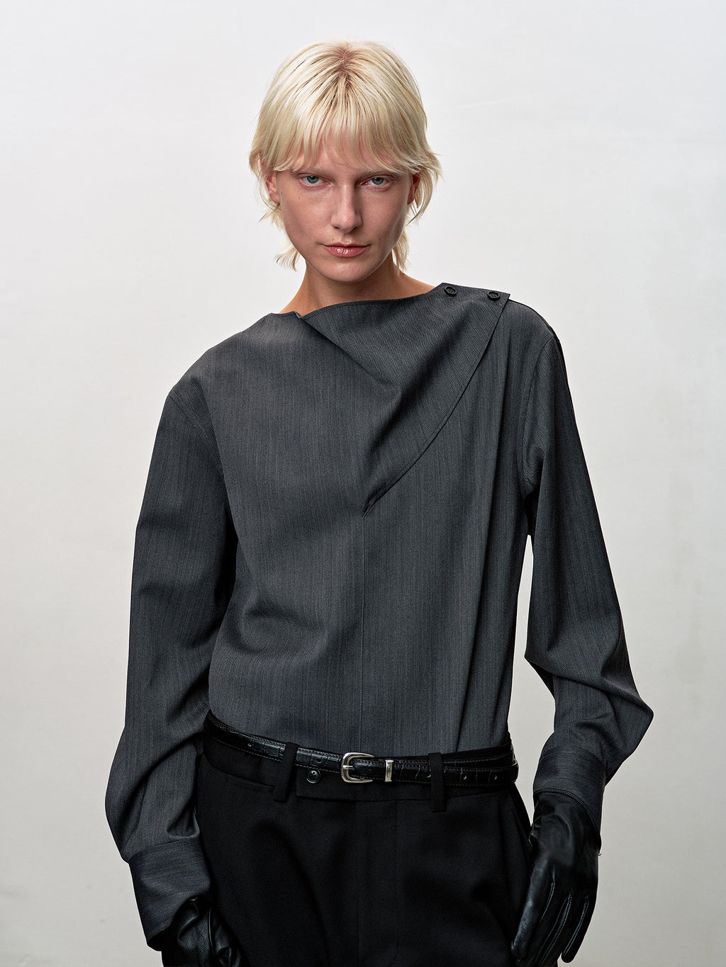 Tonywack - Herringbone Wool Cowl-Neck Blouse (Mid-Grey Herringbone) product image 8 | TRAB K-Fashion Australia