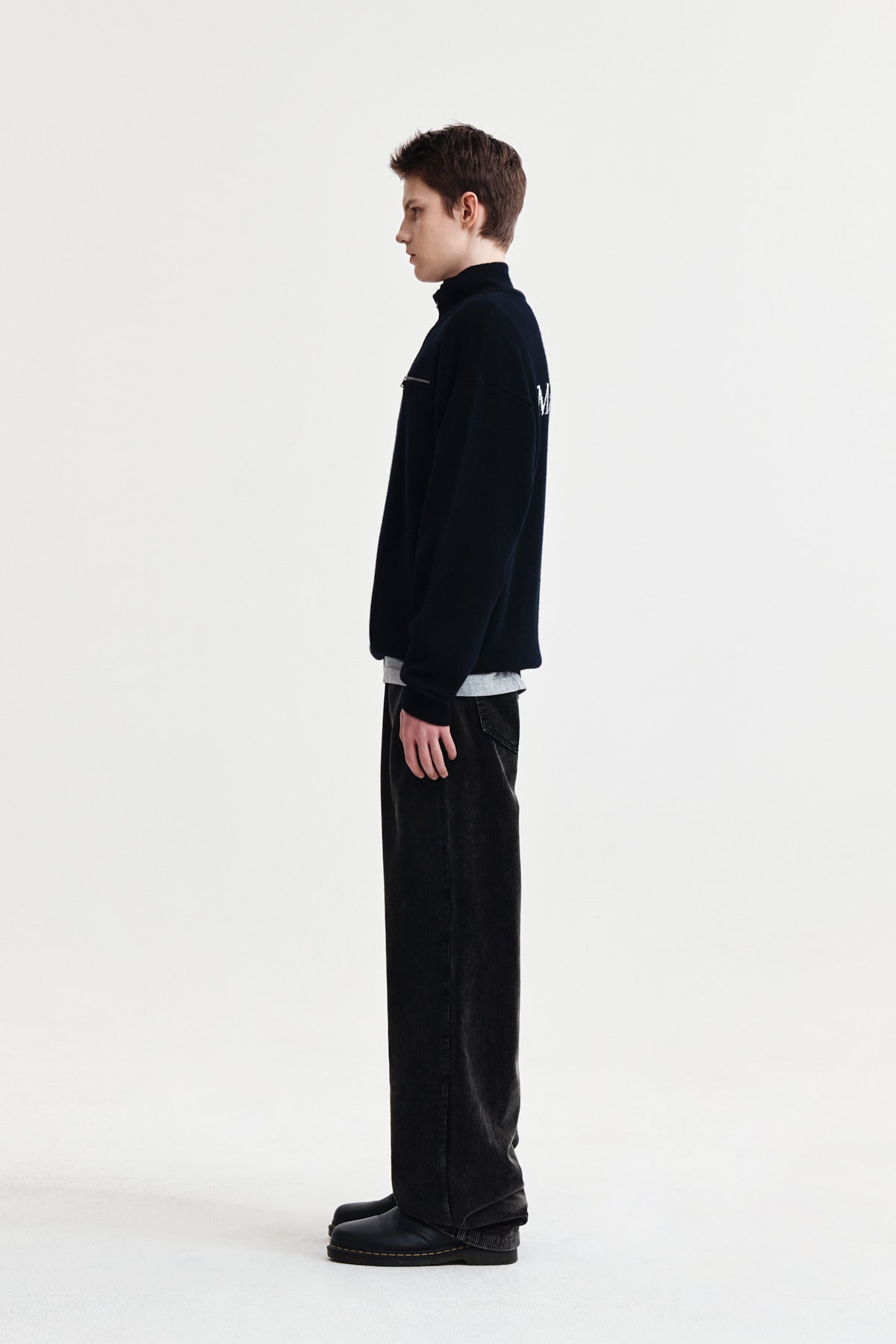 Matin Kim - Back Logo Half Knit Zip Up Pullover (Navy) product image 6 | TRAB K-Fashion Australia