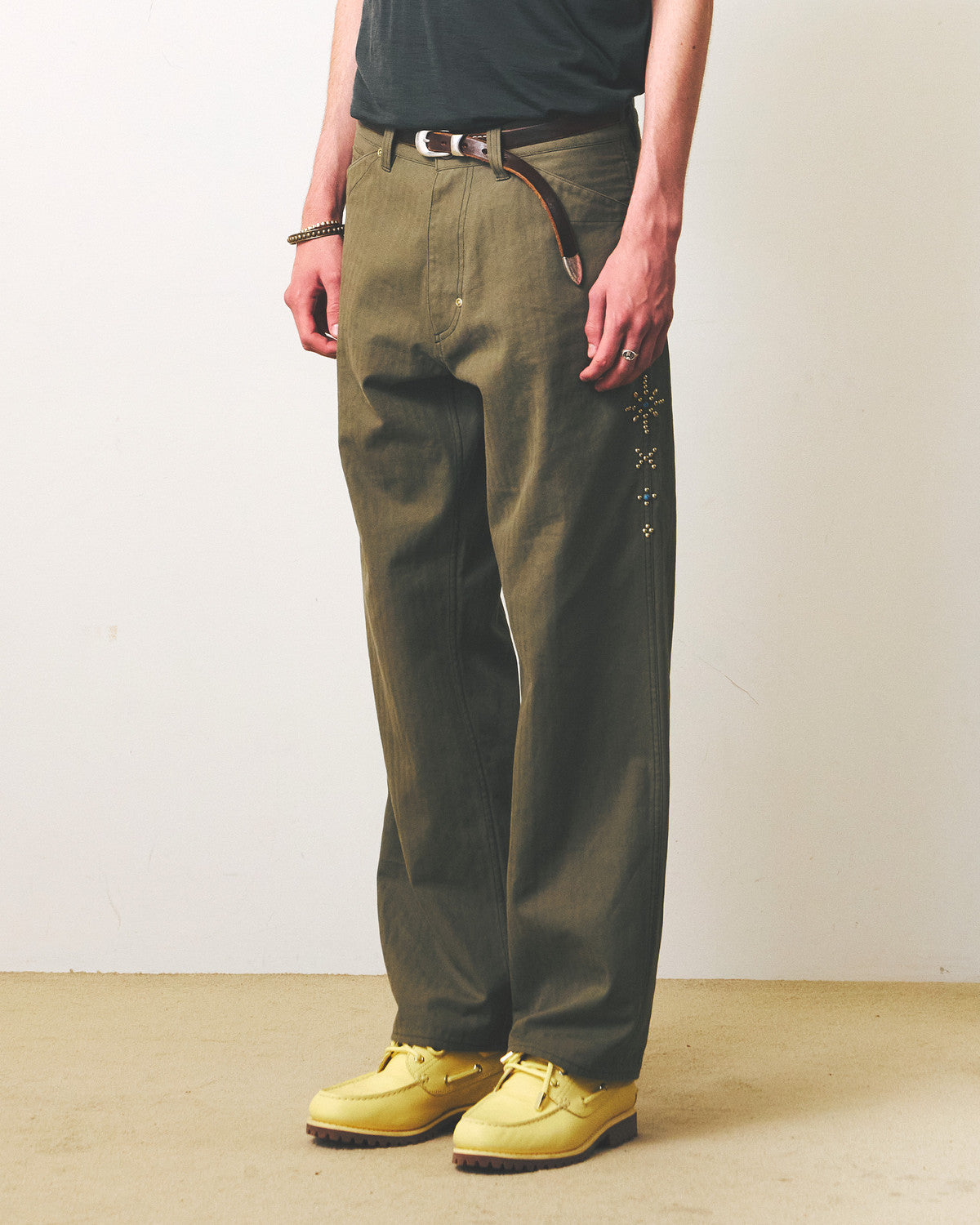 Eastlogue - Rockabilly Trucker Pants (Olive Herringbone) product image 3 | TRAB K-Fashion Australia