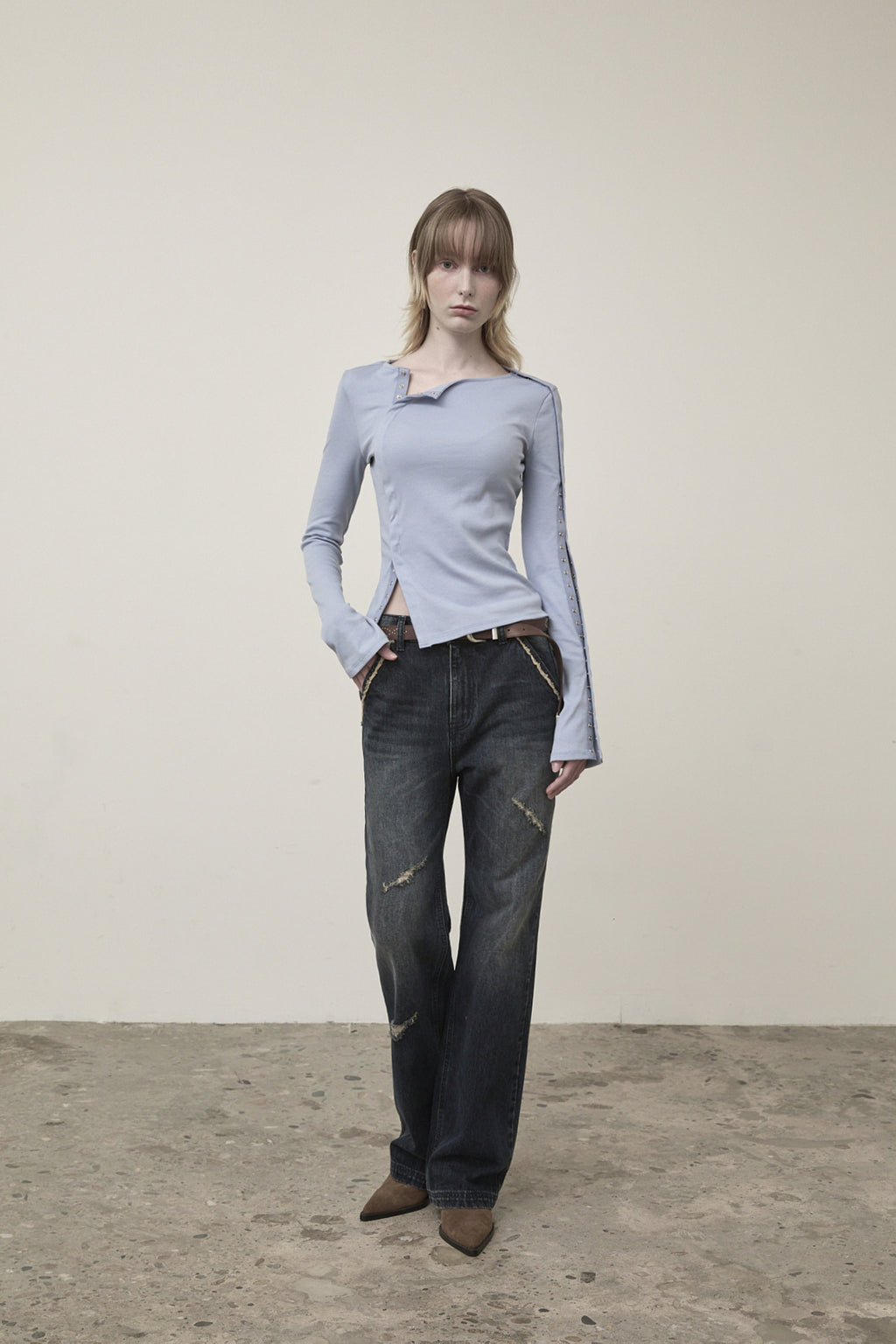 Matin Kim - Semi Boots Cut Washed Denim Pants (Navy) product image 6 | TRAB K-Fashion Australia