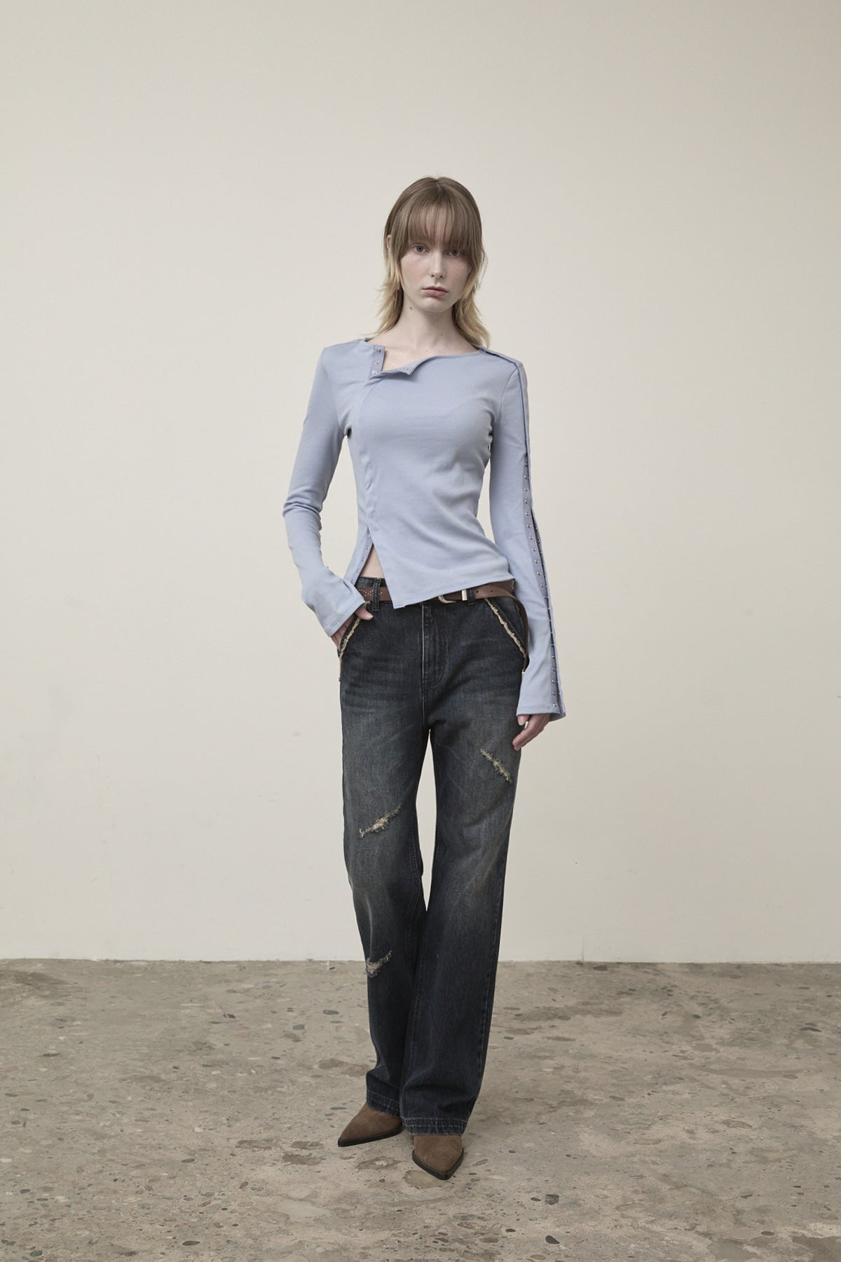 Matin Kim - Semi Boots Cut Washed Denim Pants (Navy) product image 6 | TRAB K-Fashion Australia