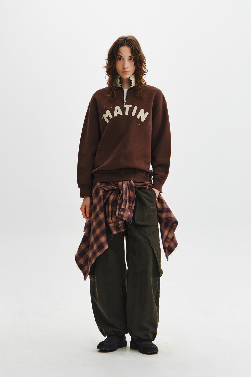 Matin Kim - Applique Logo Collar Quarter Zip Up (Brown) product image 7 | TRAB K-Fashion Australia