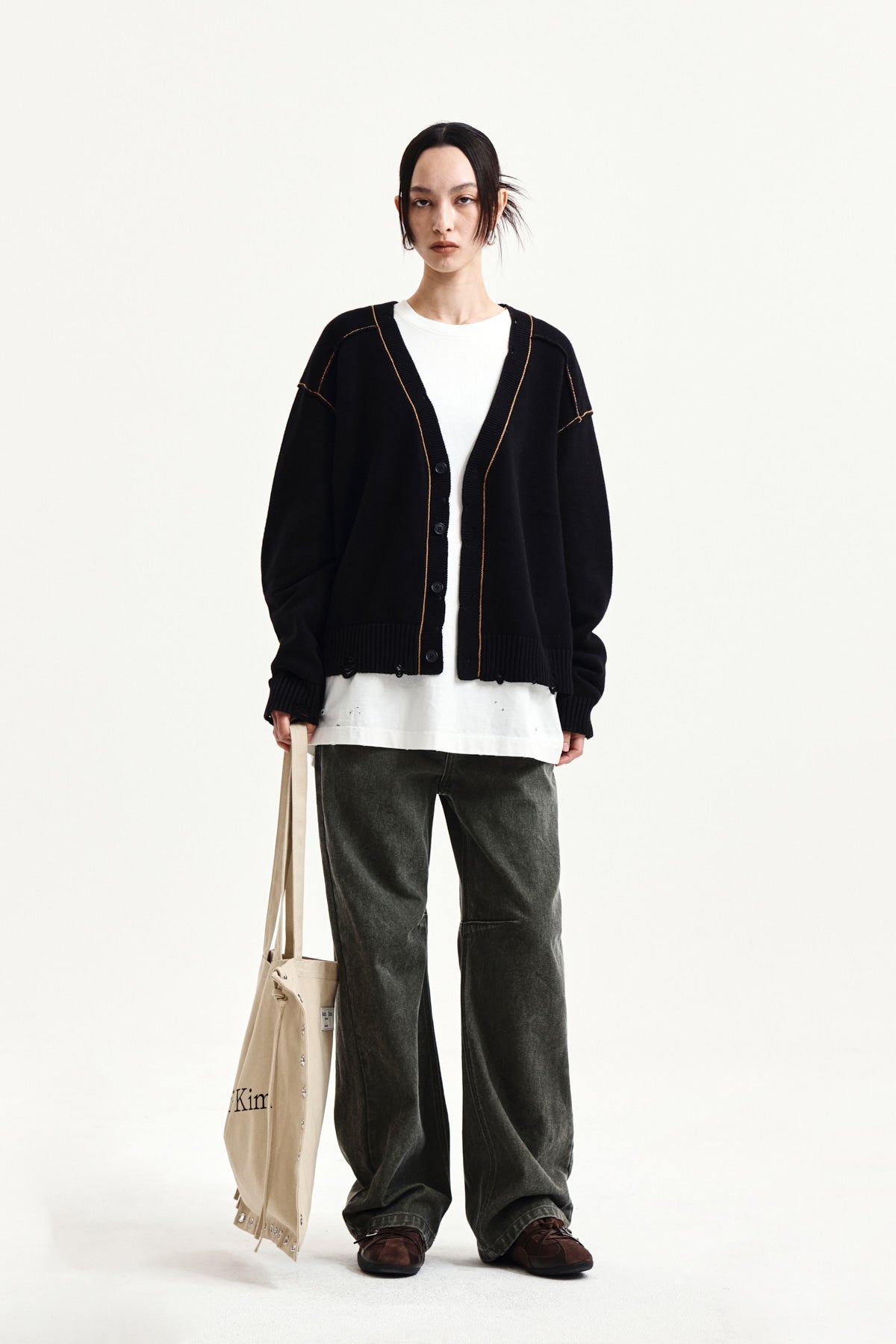 Matin Kim - Back Logo Line Point Knit Cardigan (Black) product image 10 | TRAB K-Fashion Australia