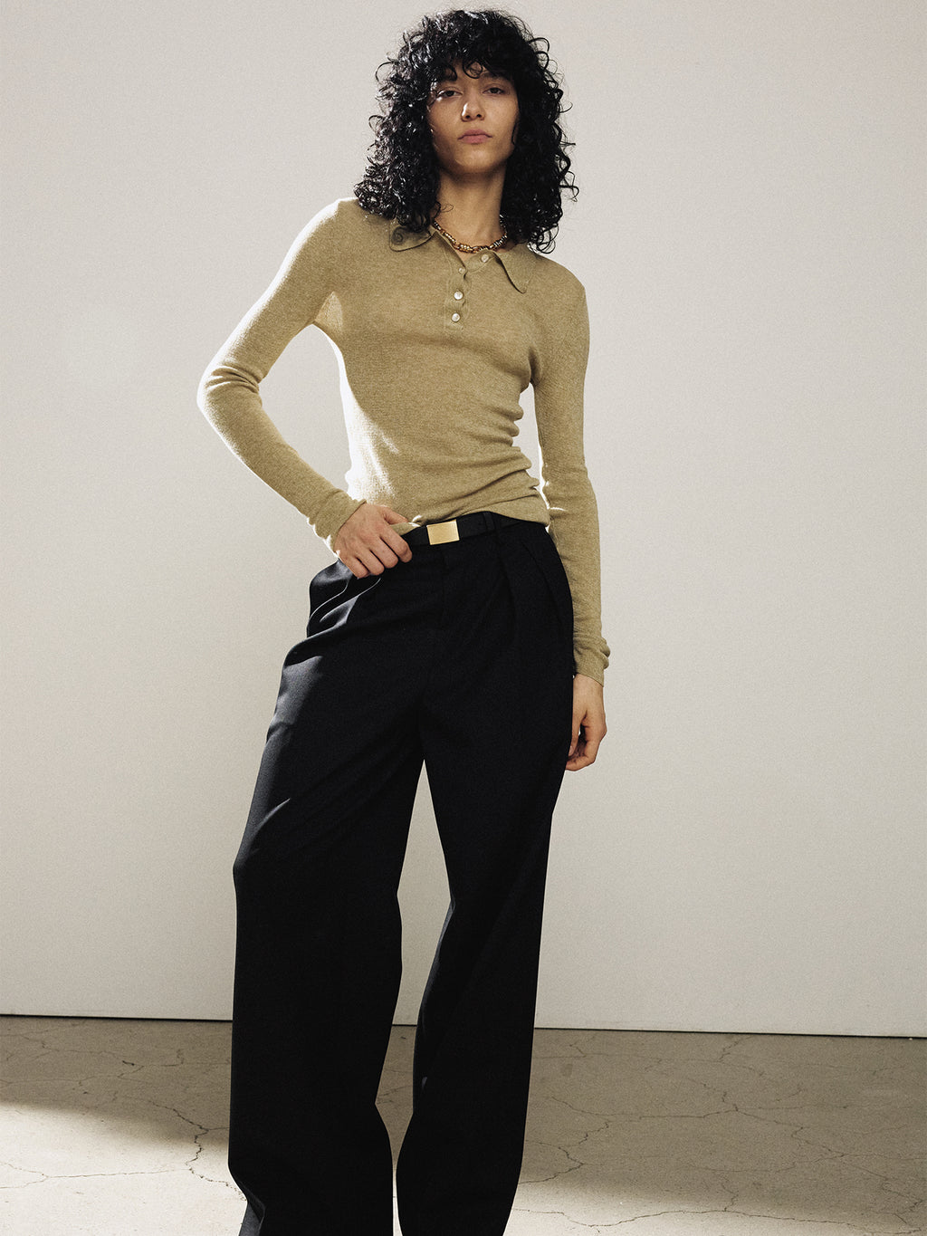 Tonywack - Glitter Ribbed Knit Polo Shirt (Greenish Beige) product image 4 | TRAB K-Fashion Australia