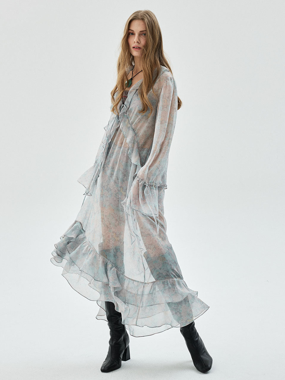 Mardi Mercredi - Chiffon Maxi Dress Fleur Frill (Pink) product image 1 | TRAB K-Fashion Australia