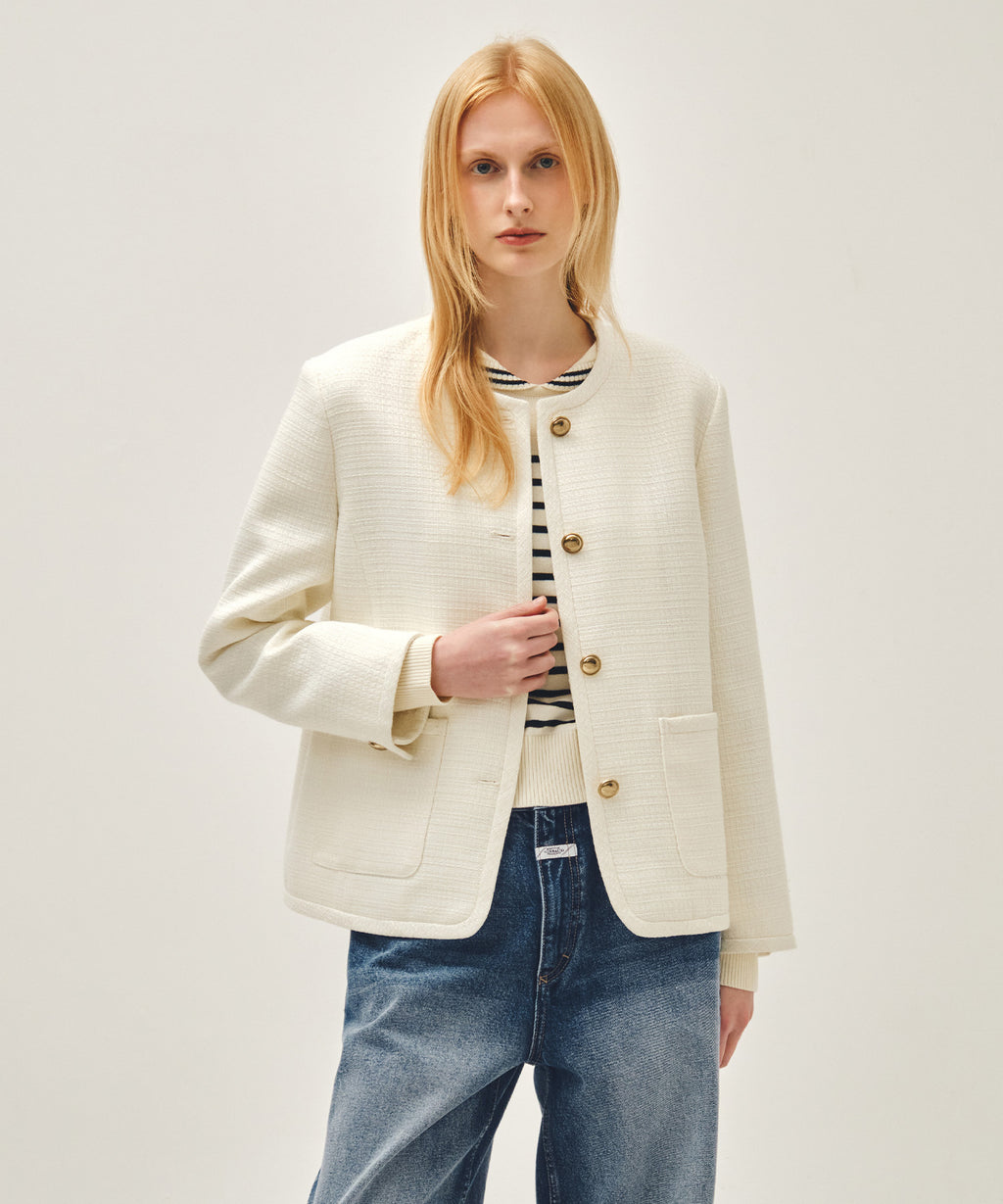 Marithe & Francois Girbaud - Tweed Round Neck Jacket (Ivory) product image 1 | TRAB K-Fashion Australia