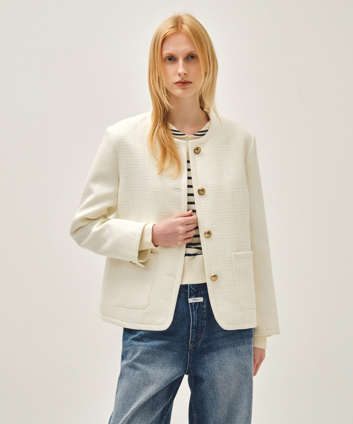 Marithe & Francois Girbaud - Tweed Round Neck Jacket (Ivory) product image 1 | TRAB K-Fashion Australia