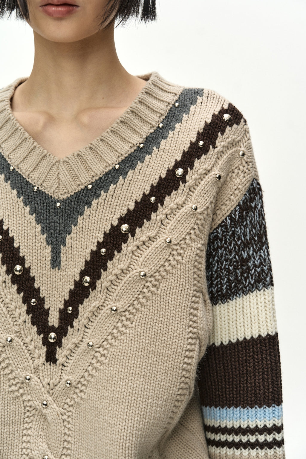 Andersson Bell - Studded Cable V-Neck Multi-Stripe Pullover (Ecru) product image 5 | TRAB K-Fashion Australia
