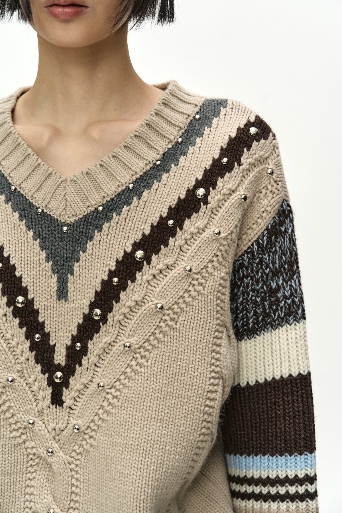 Andersson Bell - Studded Cable V-Neck Multi-Stripe Pullover (Ecru) product image 5 | TRAB K-Fashion Australia