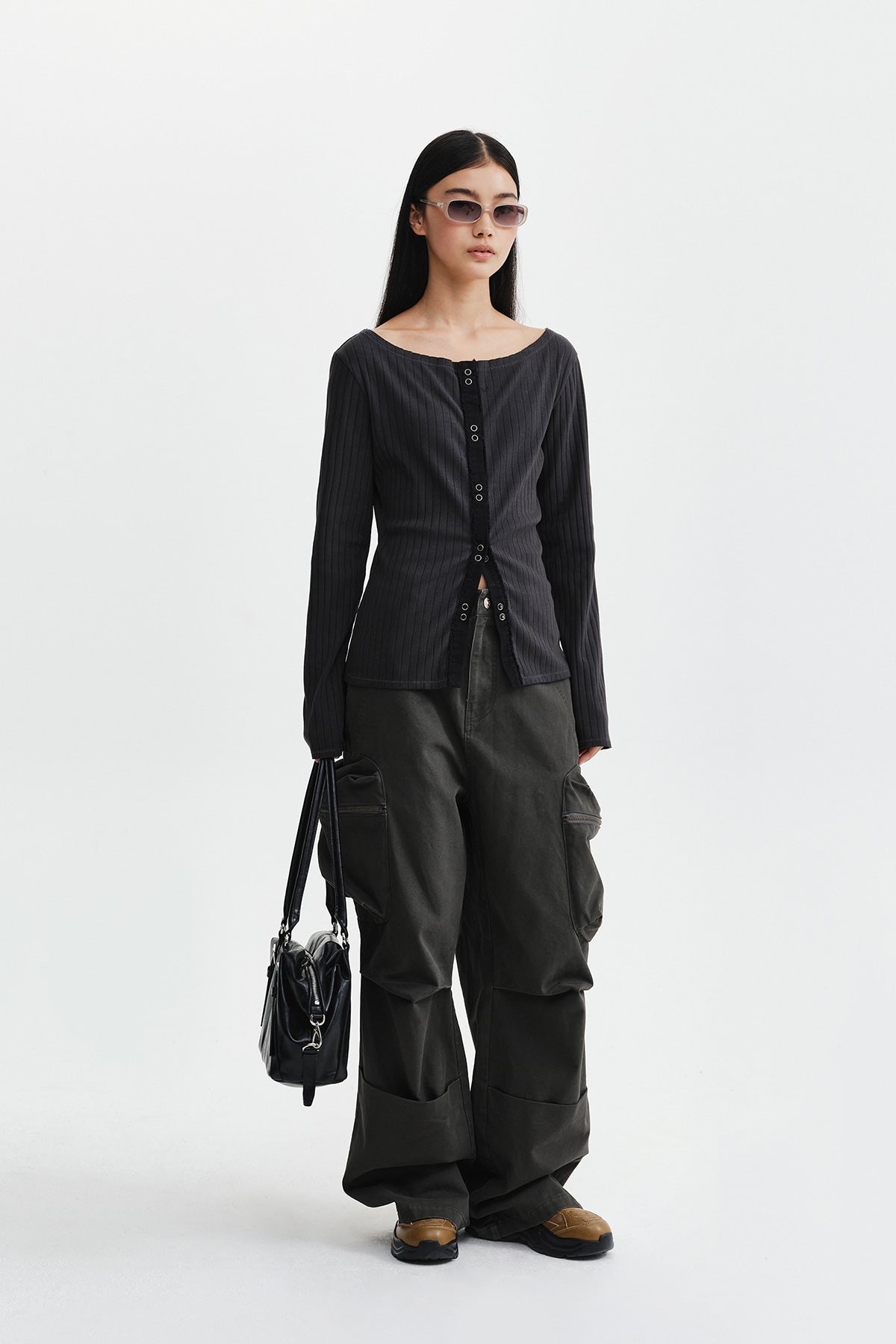 Matin Kim - Vintage Washed Ribbed Snap Top (Black) product image 10 | TRAB K-Fashion Australia