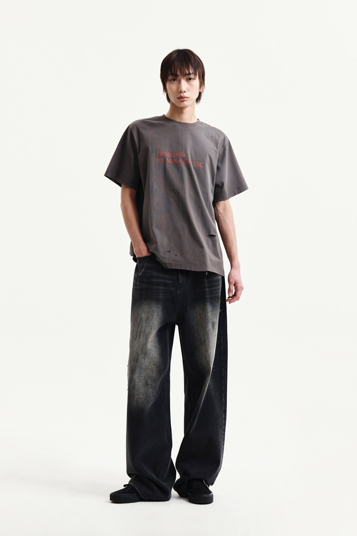 Matin Kim - Spray Washed Lettering Damaged Top (Charcoal) product image 13 | TRAB K-Fashion Australia
