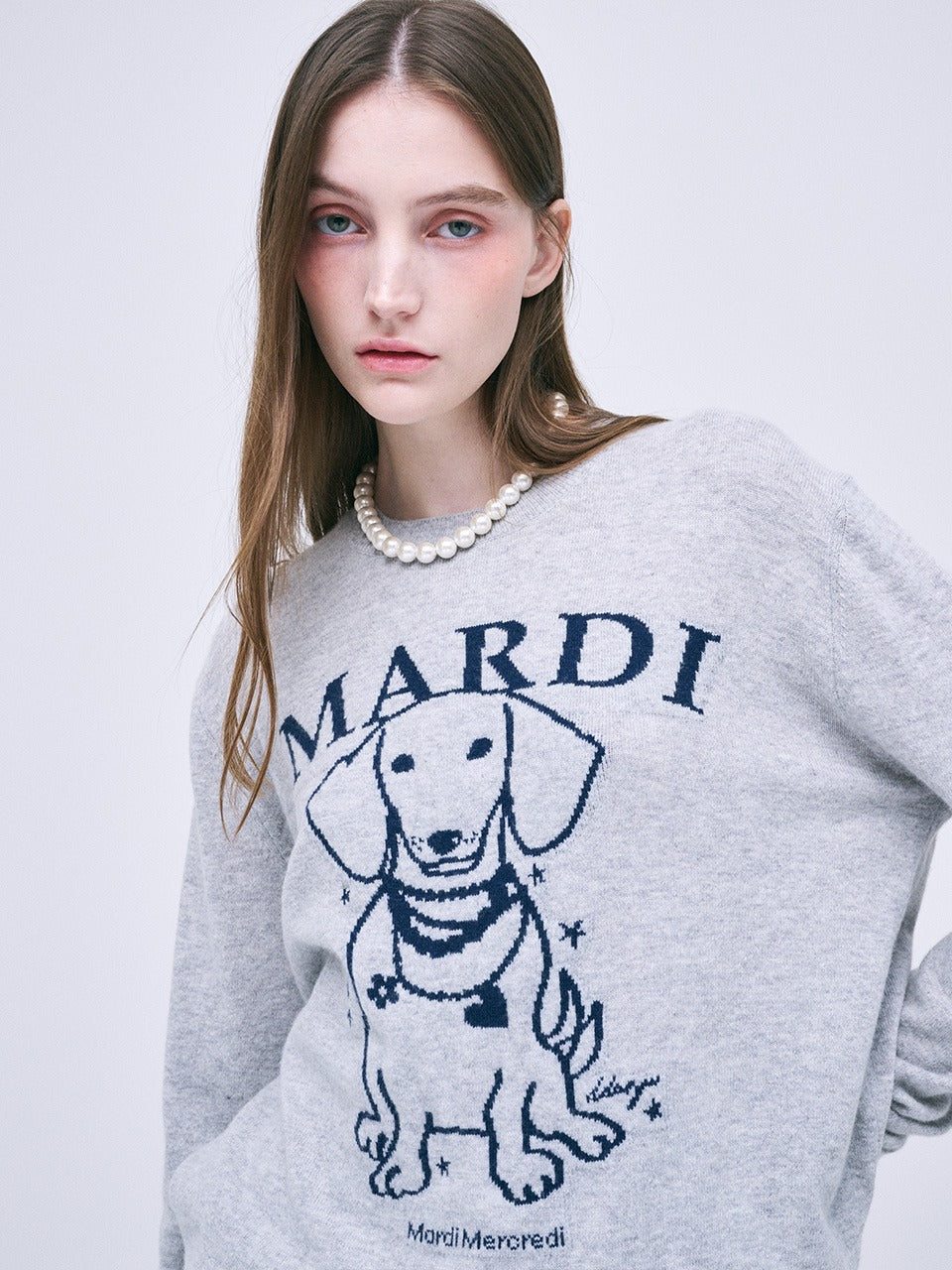 Mardi Mercredi - Cashmere Crew Neck Swing The Tail Ddanji Pearl Necklace (Heather Blue) product image 1 | TRAB K-Fashion Australia