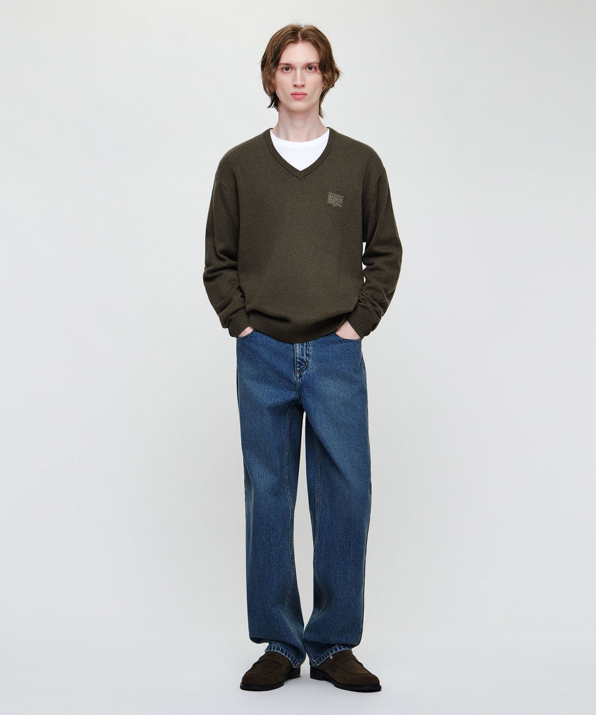 Marithe & Francois Girbaud - Small Classic Logo Oversized V-neck Knit Pullover (Dark Brown) product image 4 | TRAB K-Fashion Australia